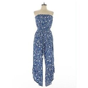 Japna Sleeveless Smocked Waist Slant Hem Jumpsuit Blue/White Floral Small Rayon